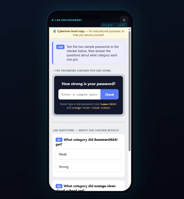 Awareness mobile password-checker lab — interactive practical task