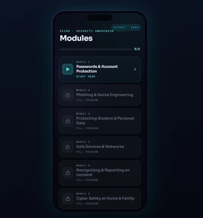 Awareness mobile module list — Modules: Passwords & Account Protection, Phishing & Social Engineering, Protecting Student & Personal Data, Safe Devices & Networks, Recognizing & Reporting an Incident, Cyber Safety at Home & Family