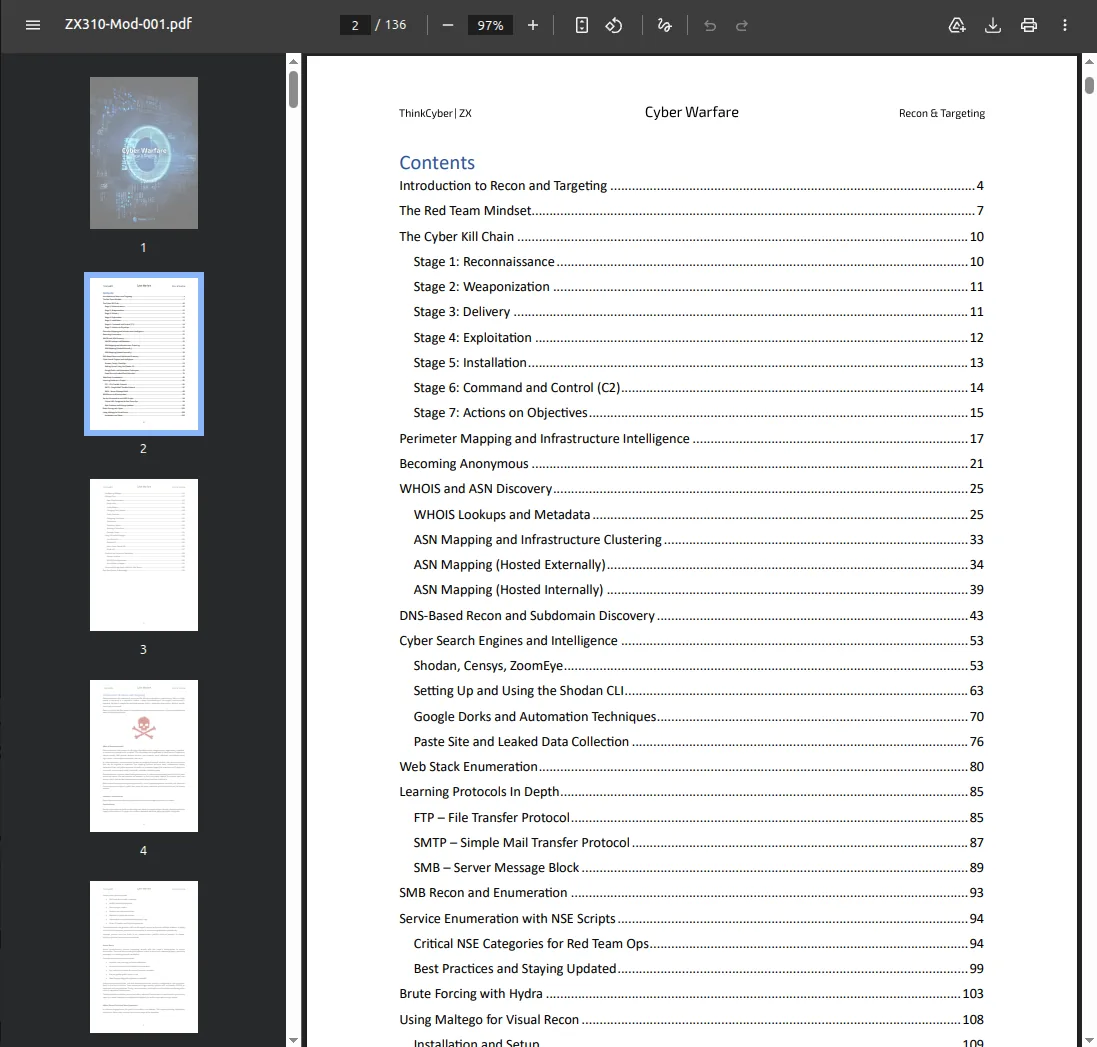 Cyberium book reader — structured reference material for the Cyber Warfare program with table of contents and page navigation