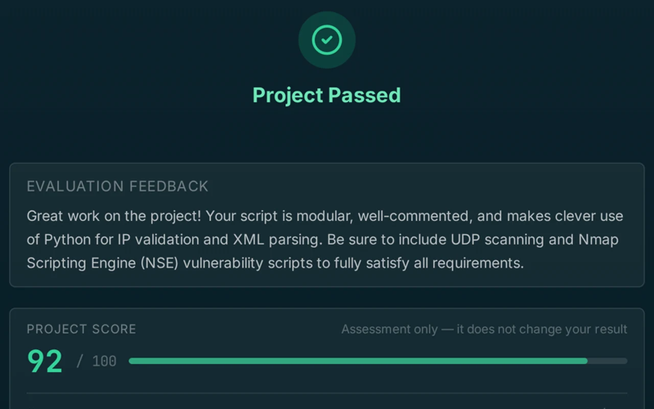 A passed project: 92 out of 100, with the evaluation feedback