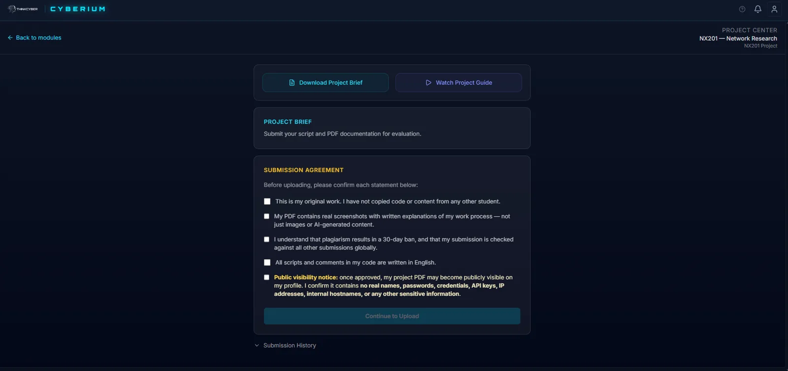 Project Center submission flow — submission agreement, plagiarism check policy, and submission history for the NX201 Network Research project