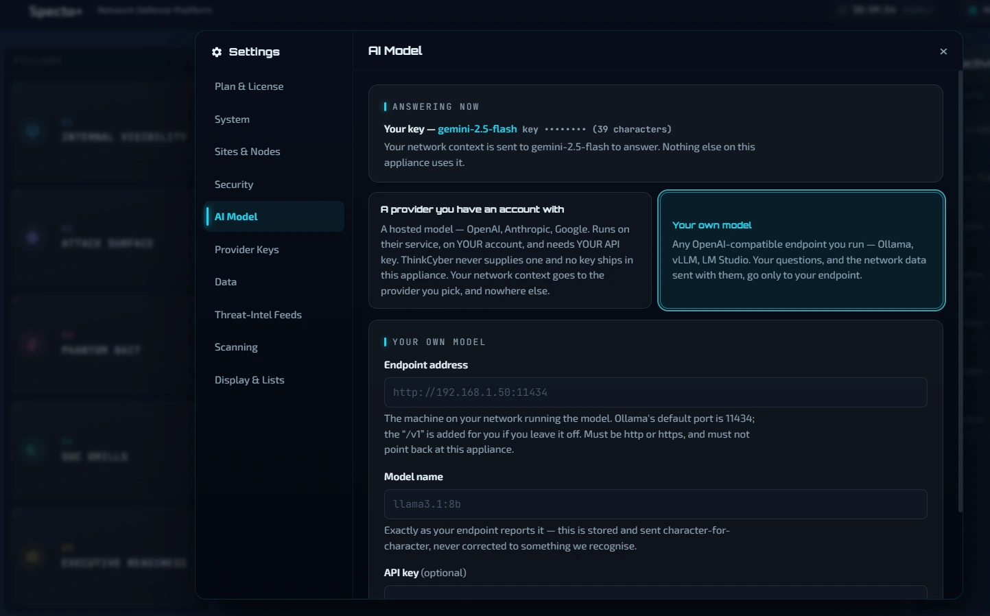 The Specto+ AI model settings: a hosted provider on your own account and your own key, or your own model on any endpoint you run