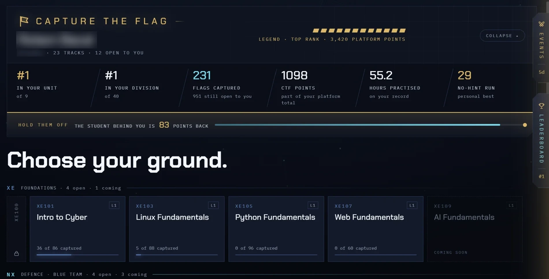 A student's Capture the Flag board: rank, flags captured and points