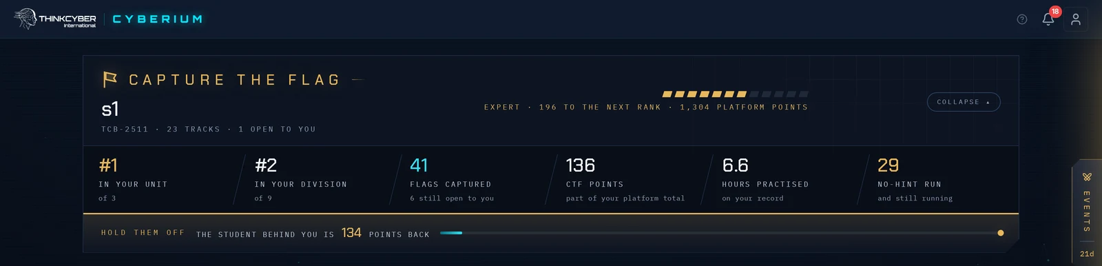 A student's Capture the Flag page: rank inside the unit and the division, flags captured, hours practised, a no-hint streak, and the gap to the student behind them