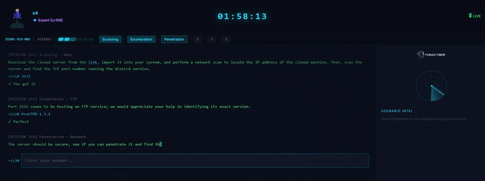 A student part-way through a live scenario: three missions answered in a terminal, scanning then enumeration then penetration, each answer typed at a prompt and marked correct, with the mission clock running at the top.