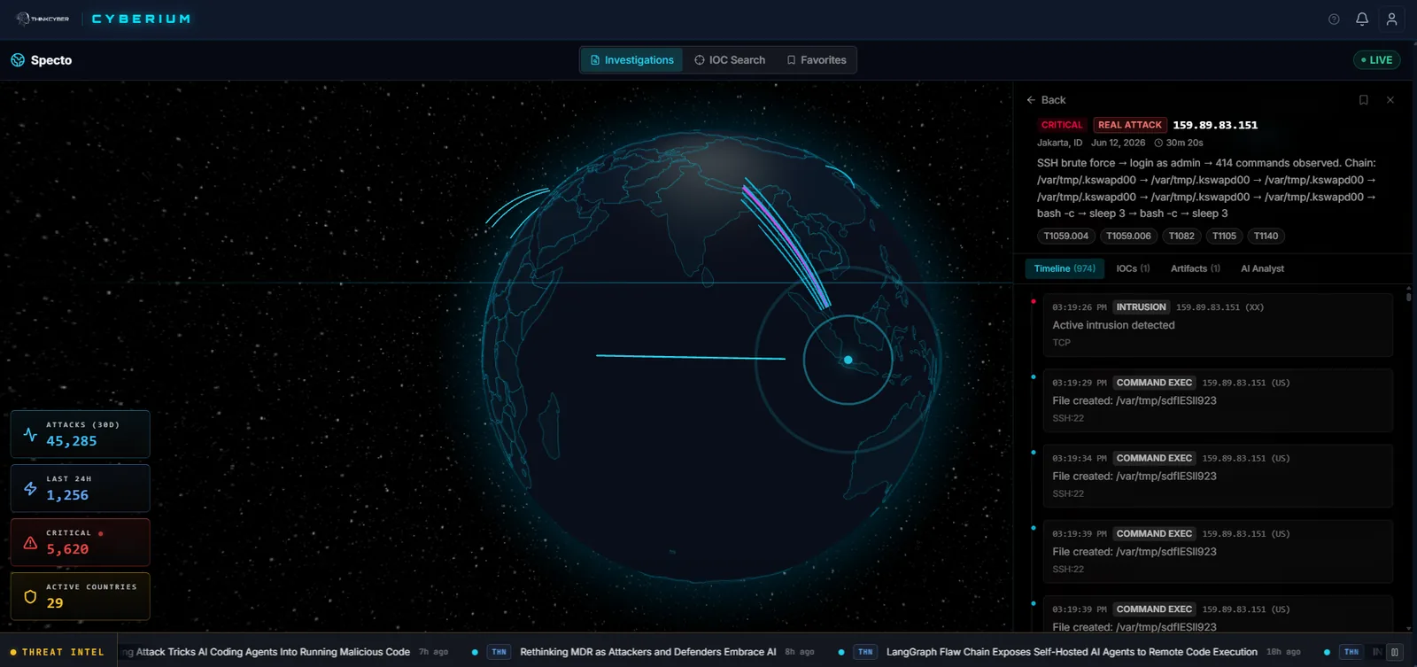 Cyberium — the Specto live threat intelligence globe, with a live attack feed and counters for attacks, links, hostiles and active countries